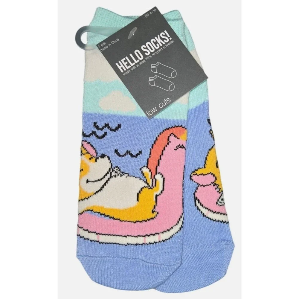 Hello Socks! Women Low Cut Corgi Vacation on Unicorn Float Sock NWT 1Pair Sz4-10